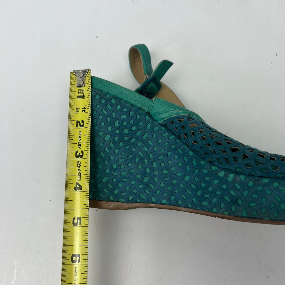 Audley London Teal Green Suede Laser Cut Wedge Sandals 9 Peep Toe Slingback Boho - Picture 10 of 12